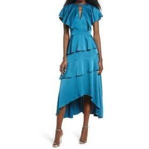 NWT HARLYN Tiered blue teal Satin short flutter sleeve high low Midi Dress sz sm